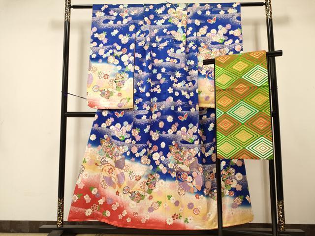  flat мир магазин кимоно * девочка 10 три три . ребенок праздничная одежда * двойной пояс obi комплект пешка вышивка цветок бабочка документ .. окраска золотая краска замечательная вещь DAAS9066ma