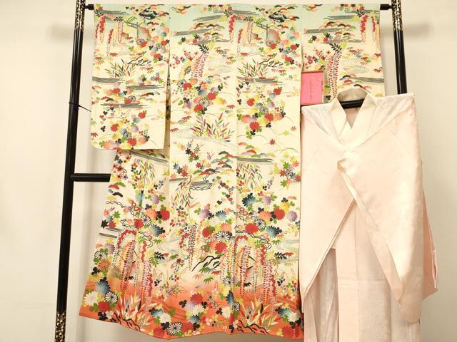  flat мир магазин кимоно * девочка 10 три три . ребенок праздничная одежда * нижняя рубашка комплект накладывающийся воротник имеется вышивка . вода цветок документ .. окраска золотая краска три . обращение замечательная вещь DAAS9206ma