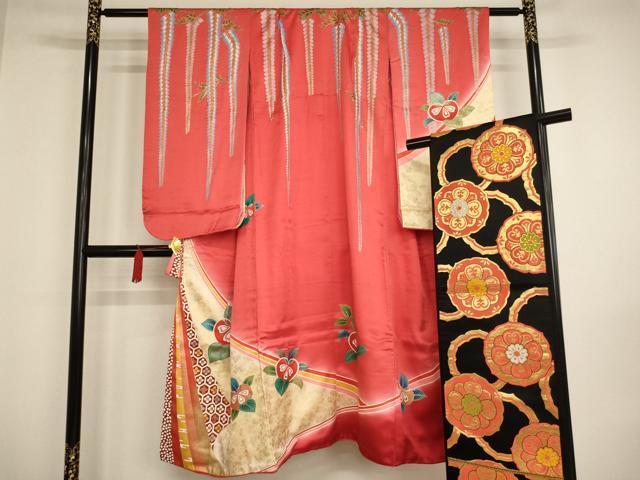 平和屋着物[]七五三　女の子　７歳　祝着　四つ身　袋帯セット　草花文　暈し染め　金彩　逸品　AAAU5550ja_画像1