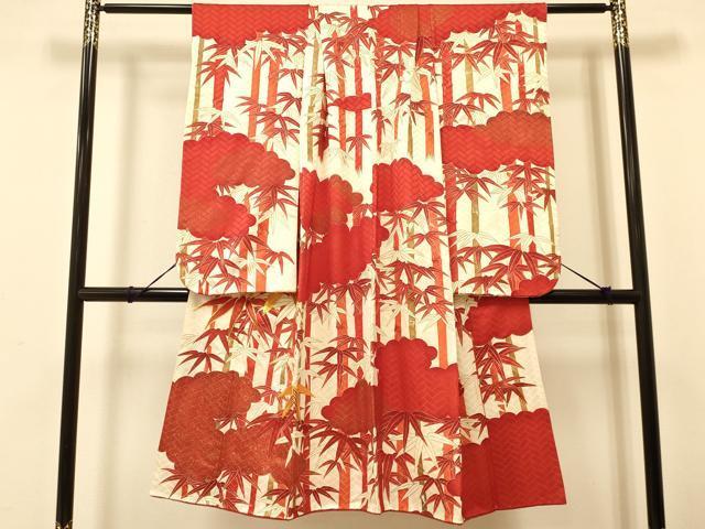 平和屋着物[]七五三　女の子　７歳　祝着　四つ身　駒刺繍　雲取り笹竹花文　金彩　逸品　DAAR6345ma_画像1