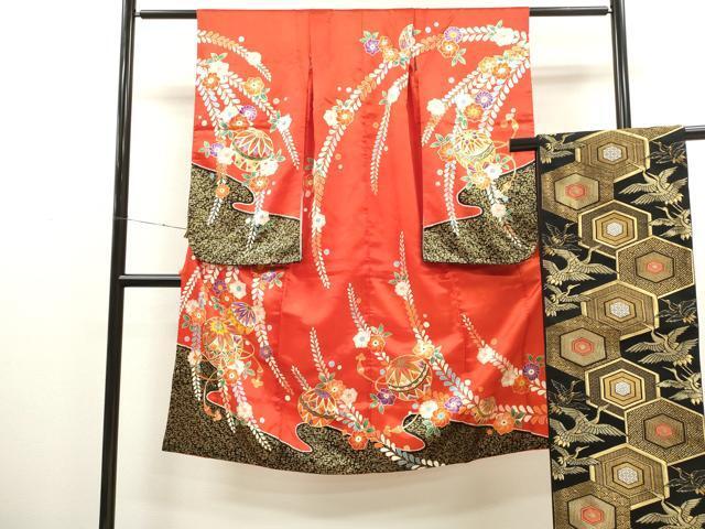 平和屋着物[]七五三　女の子　７歳　祝着　四つ身　袋帯セット　辻が花　鞠舞蝶花文　金彩　洗える着物　CAAT6095ze_画像1