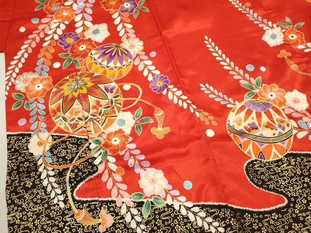 平和屋着物[]七五三　女の子　７歳　祝着　四つ身　袋帯セット　辻が花　鞠舞蝶花文　金彩　洗える着物　CAAT6095ze_画像3