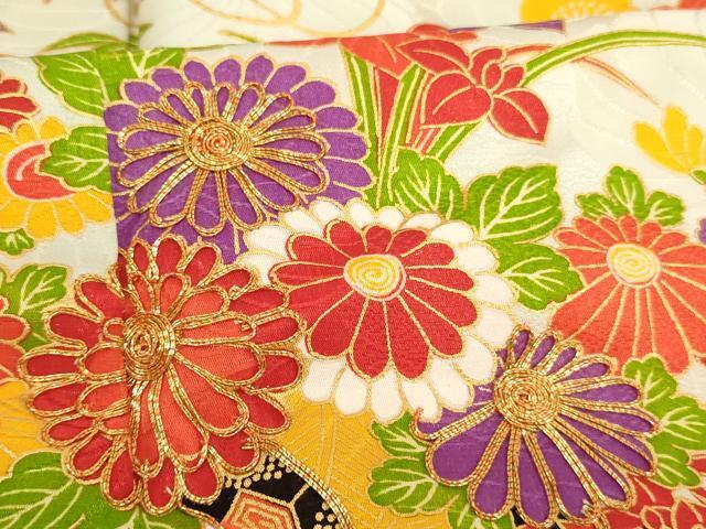 flat мир магазин кимоно * девочка 10 три три . ребенок праздничная одежда * длинное нижнее кимоно ( единственный в своем роде покрой ) комплект пешка вышивка цветок машина документ золотая краска натуральный шелк замечательная вещь AABB5543ja