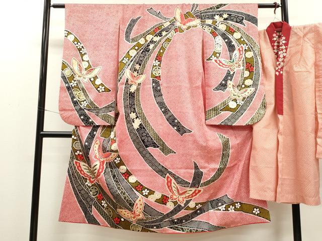 平和屋着物[]七五三　女の子　７歳　祝着　四つ身　襦袢セット　束ね熨斗舞蝶花文　金銀彩　逸品　CAAR6800ze_画像1