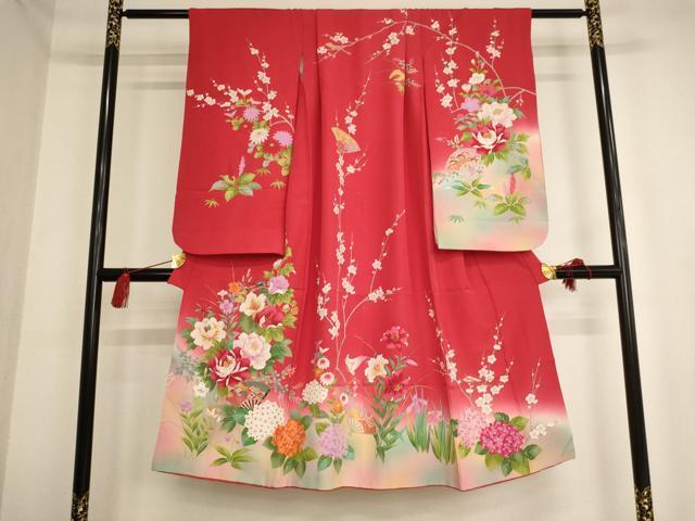 平和屋着物[]七五三　女の子　７歳　祝着　四つ身　花扇文　暈し染め　金彩　正絹　逸品　AAAW7014ja_画像1