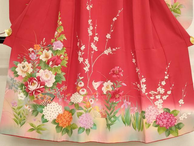 平和屋着物[]七五三　女の子　７歳　祝着　四つ身　花扇文　暈し染め　金彩　正絹　逸品　AAAW7014ja_画像3