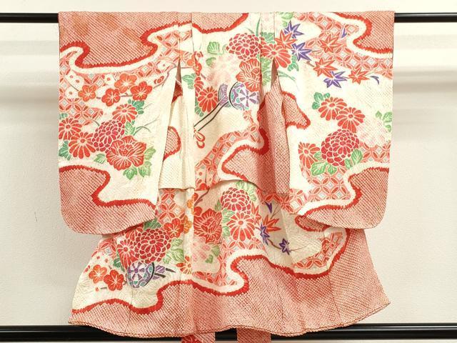 平和屋着物[]七五三　女の子　３歳　祝着　三つ身　総絞り　花車文　逸品　CAAT6316ze_画像1