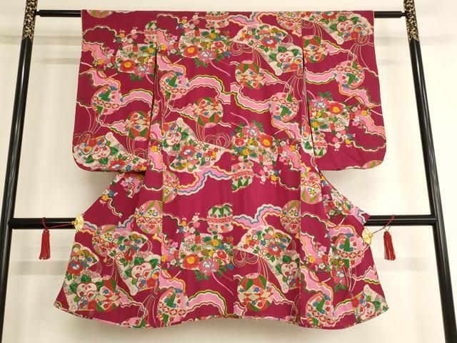 平和屋着物[]アンティーク　大正ロマン　七五三　女の子　5歳　祝着　扇面花文　正絹　逸品　AAAW6802ja_画像1