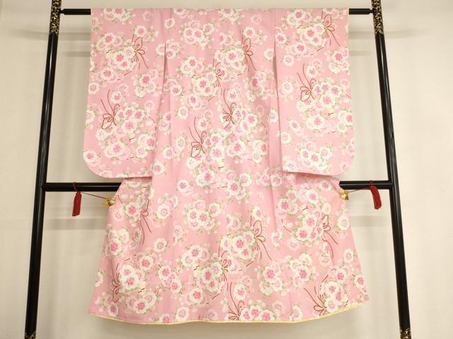 平和屋着物[]七五三　女の子　７歳　祝着　四つ身　舞桜文　犬　洗える着物　未使用　AAAW7129ja_画像1