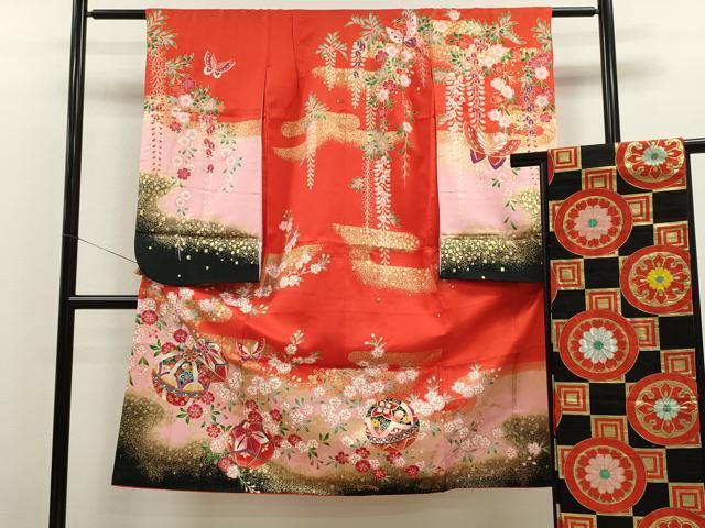 平和屋着物[]七五三　女の子　７歳　祝着　四つ身　袋帯セット　鞠舞蝶花文　金彩　逸品　CAAV9234ze_画像1