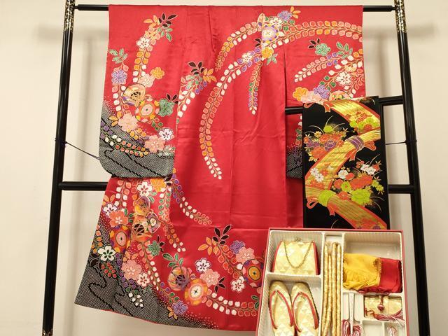 平和屋着物[]七五三　女の子　７歳　祝着　四つ身　袋帯・小物セット　鼓花文　金彩　箱付き　洗える着物　DAAS9210ma_画像1