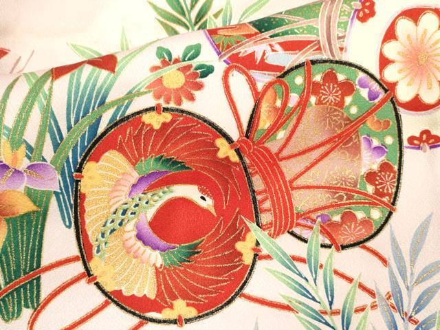 平和屋着物[]七五三　女の子　７歳　祝着　四つ身　鼓飛鶴草花文　暈し染め　金彩　逸品　CAAR6584ze_画像6