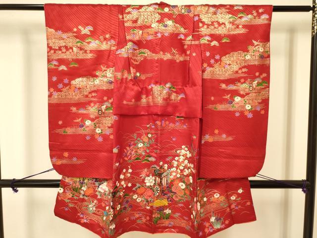 平和屋着物[]七五三　女の子　３歳　祝着　三つ身　御所車飛鶴花文　金彩　洗える着物　DAAR6291ma_画像1