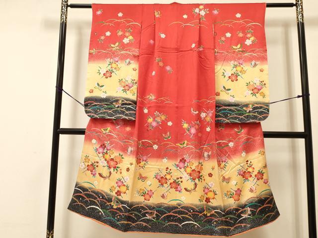 平和屋着物[]七五三　女の子　７歳　祝着　四つ身　袋帯セット　露芝花蝶文　暈し染め　金彩　逸品　DAAS9060ma_画像2