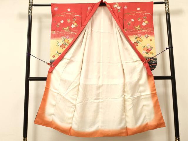 平和屋着物[]七五三　女の子　７歳　祝着　四つ身　袋帯セット　露芝花蝶文　暈し染め　金彩　逸品　DAAS9060ma_画像3