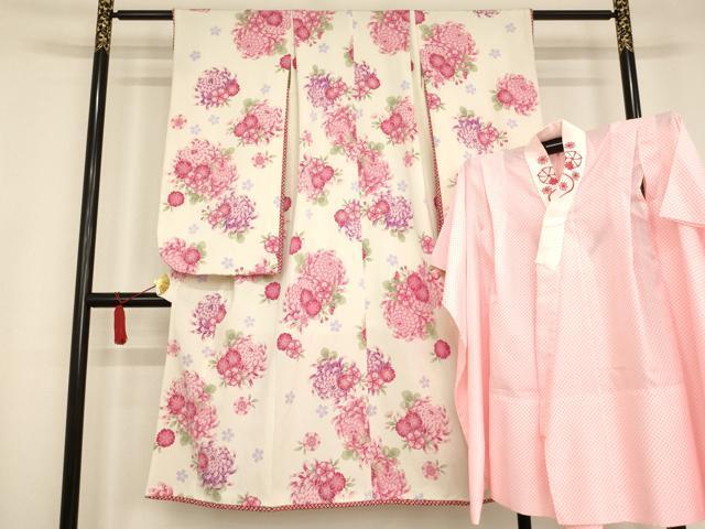平和屋着物[]七五三　女の子　７歳　祝着　四つ身　襦袢セット　菊桜文　鬼しぼ縮緬　洗える着物　AAAU5474ja_画像1