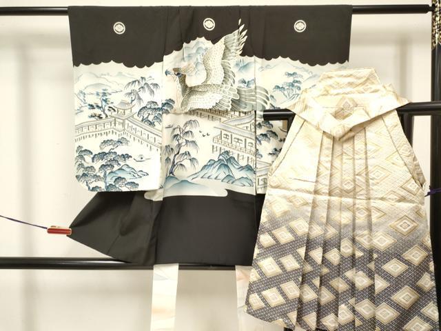  flat мир магазин кимоно [] "Семь, пять, три" мужчина праздничная одежда * лампа с бумажным абажуром hakama комплект пешка вышивка ястреб . пейзаж сосна документ .. окраска золотая краска замечательная вещь DAAW2891ma