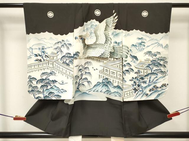  flat мир магазин кимоно [] "Семь, пять, три" мужчина праздничная одежда * лампа с бумажным абажуром hakama комплект пешка вышивка ястреб . пейзаж сосна документ .. окраска золотая краска замечательная вещь DAAW2891ma