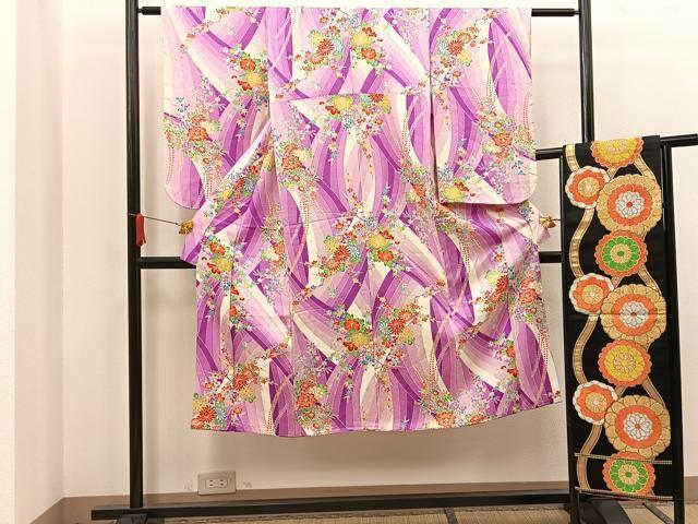 平和屋着物[]七五三　女の子　７歳　祝着　四つ身　袋帯セット　草花文　逸品　BAAT7334mz_画像1