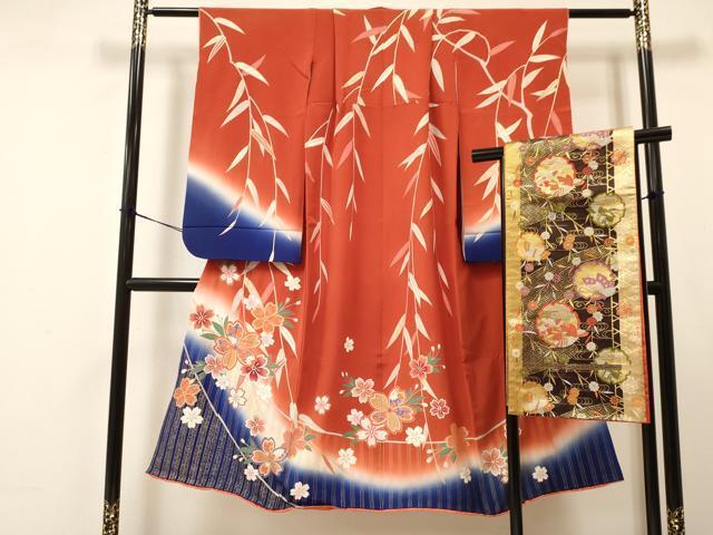 平和屋着物[]七五三　女の子　７歳　祝着　四つ身　袋帯セット　枝垂れ桜文　暈し染め　金彩　逸品　DAAR6493ma_画像1