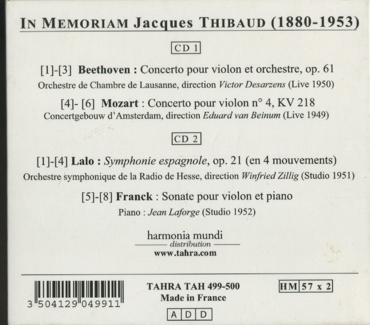CD/2CD/ ジャック・ティボー / ベートーヴェン：ヴァイオリン協奏曲 他 / デジパック / 2枚組 / 輸入盤 TAHRA TAH499-500 C3628_画像2