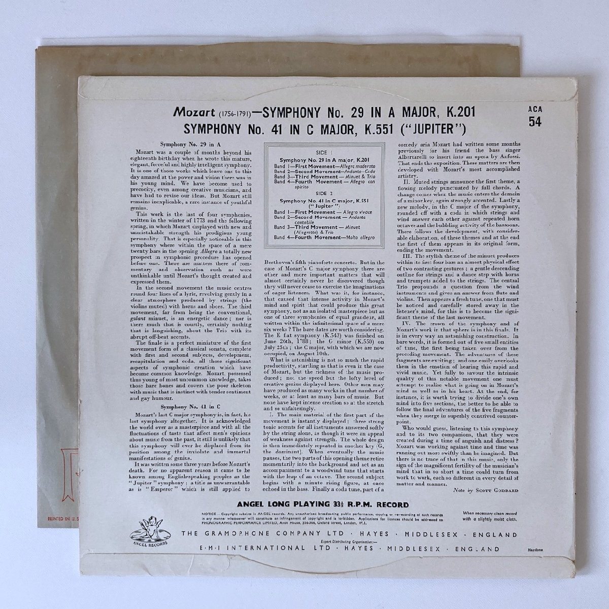 LP/ オットー・クレンペラー / モーツァルト:交響曲第29番。第41番「ジュピター」 / コーティングJK CS ANGEL ACA.54 24648_画像2