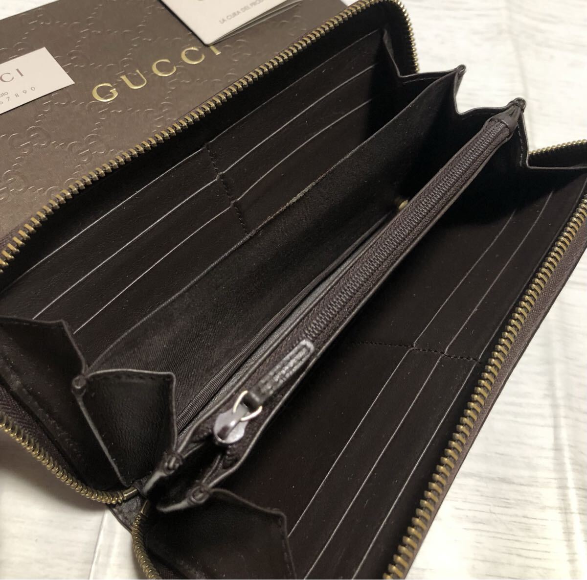正規品／鑑定済みGUCCIシマGGラウンドファスナー/BOX、ケアカード_画像8