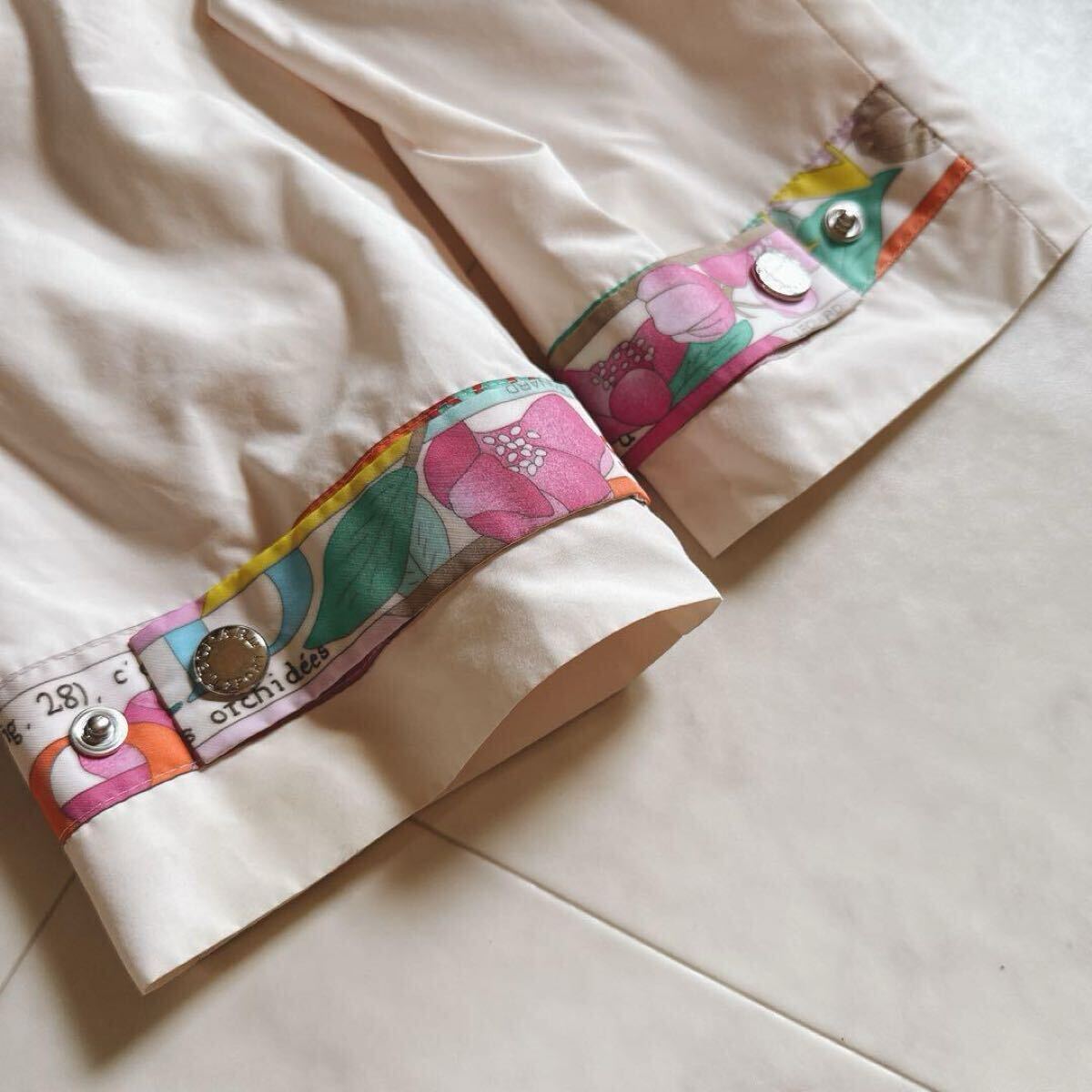 美品★LEONARD レオナール★軽量ロングブルゾン コート 羽織り★花柄 トリム★size40〜XL相当★薄ピンク_画像7