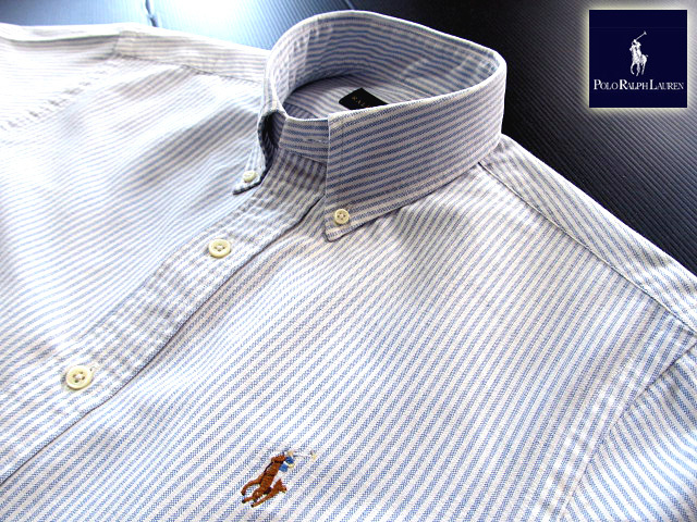 ★300円スタート!ラルフローレン RALPH LAUREN ボタンダウンシャツ・オックスフォード 長袖 Mサイズ 希少品 クールストライプ ブルー_画像1