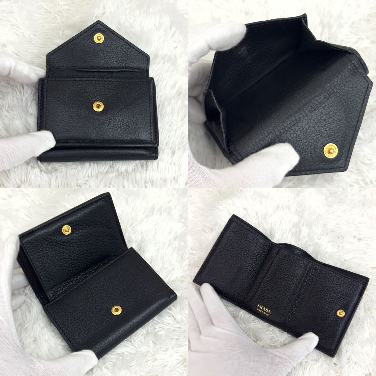 RFID内蔵✨PRADA プラダ 三つ折り ゴールド金具 財布 レザー ブラック RFID内蔵 PRADA プラダ 三つ折り ゴールド金具 財布 レザー