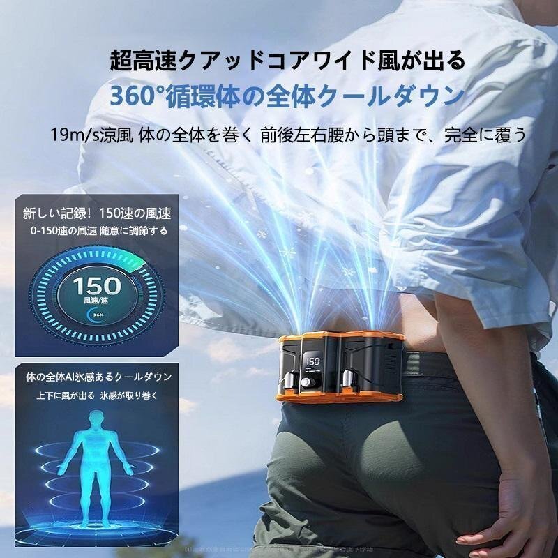 腰掛け扇風機 ライト機能付き 強力ベルトファン 二重風腰掛けファン 小型ベルトファン 10000mAhモバイル バッテリー内蔵 省エネ_画像3