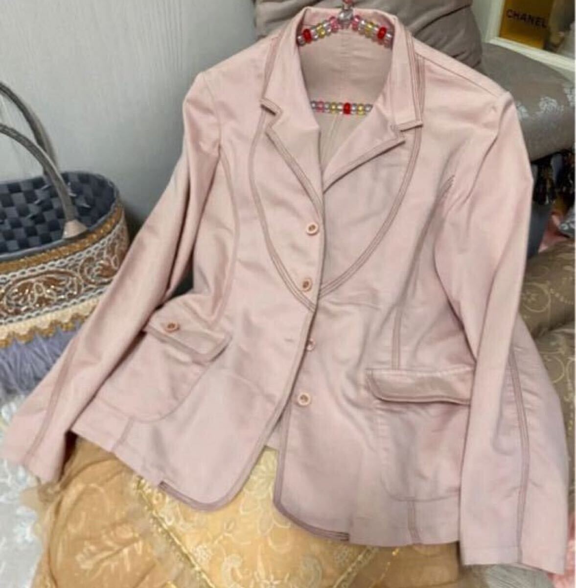 長袖 ジャケット ピンク コットン テーラード 旅行 オフィス 薄手 羽織り ブレザー カーディガン ステッチ Mくらい_画像1