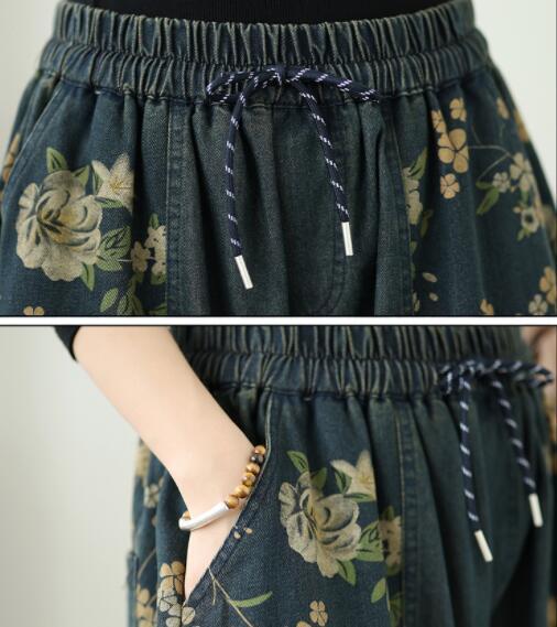 上質ガウチョパンツ デニム生地 ジーンズ プリント花柄 洋服ミックス アンティーク風 ロマンファッション ゆったり フリーサイズ_画像8