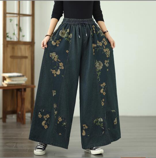 上質ガウチョパンツ デニム生地 ジーンズ プリント花柄 洋服ミックス アンティーク風 ロマンファッション ゆったり フリーサイズ_画像1