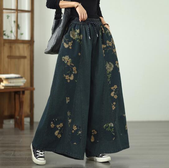 上質ガウチョパンツ デニム生地 ジーンズ プリント花柄 洋服ミックス アンティーク風 ロマンファッション ゆったり フリーサイズ_画像3