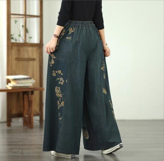 上質ガウチョパンツ デニム生地 ジーンズ プリント花柄 洋服ミックス アンティーク風 ロマンファッション ゆったり フリーサイズ_画像4