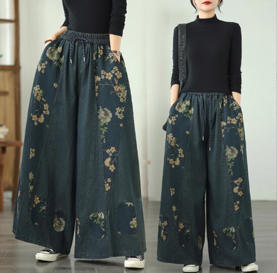 上質ガウチョパンツ デニム生地 ジーンズ プリント花柄 洋服ミックス アンティーク風 ロマンファッション ゆったり フリーサイズ_画像2