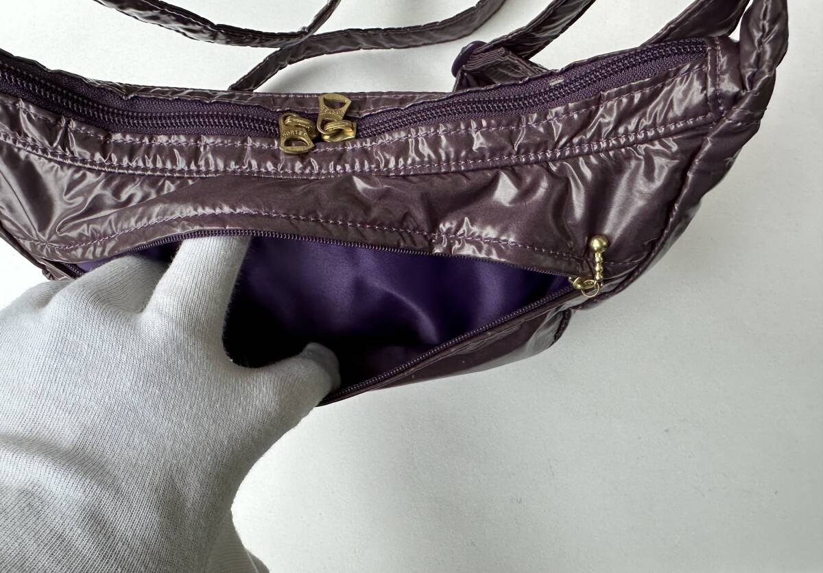 1円~【中古/美品】ポーターガール BONBON エナメル調 ドット柄 バナナ ショルダーバッグ L パープル_画像5