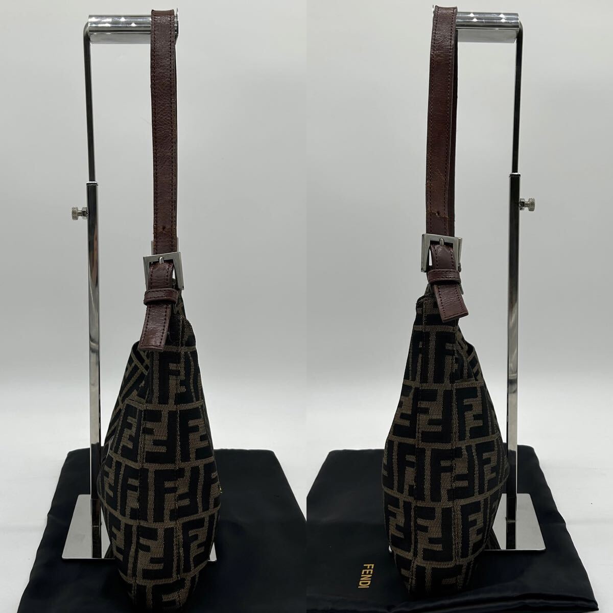 1円 ◆美品◆ FENDI フェンディ マンマバケット ショルダーバッグ FF ズッカ SV金具 レザー キャンバス ブラウン ワンショルダー 肩掛け_画像5