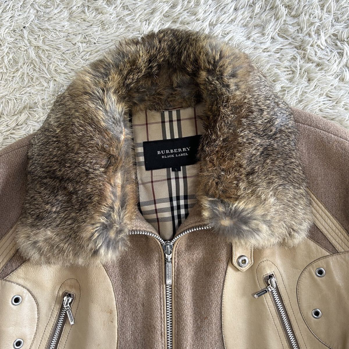稀少Lサイズ!! バーバリーブラックレーベル BURBERRY BLACK LABEL 羊革 ジャケット ブルゾン ラビットファー 毛皮 ノバチェック ベージュ
