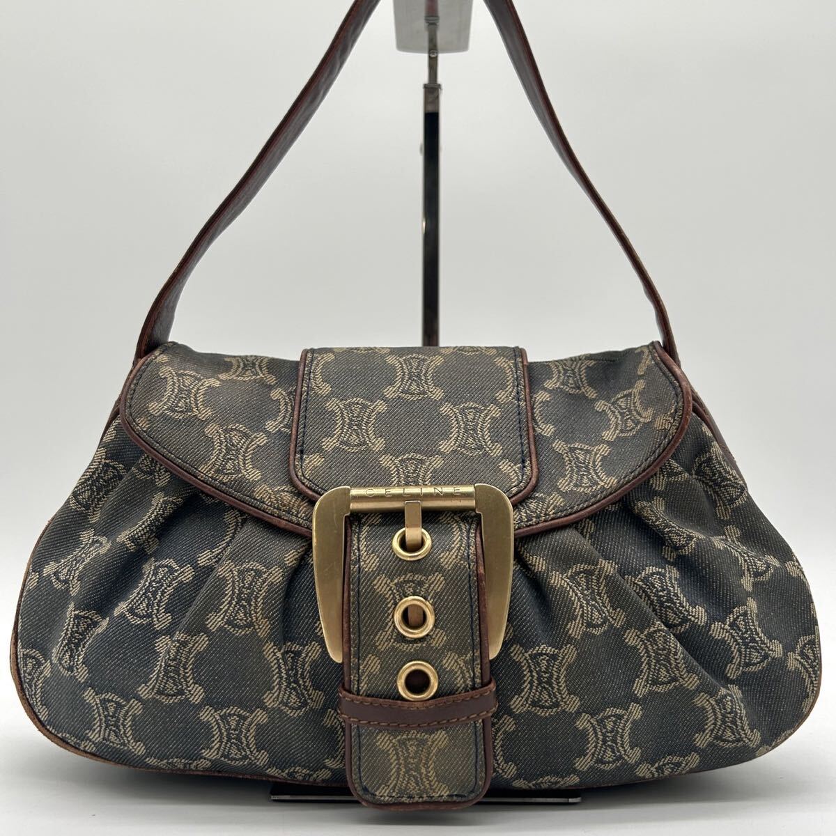 1円 ◆美品◆ CELINE セリーヌ デニム ショルダーバッグ ハンドバッグ パリマカダム ゴールド金具 レザー キャンバス 肩掛け インディゴ_画像2