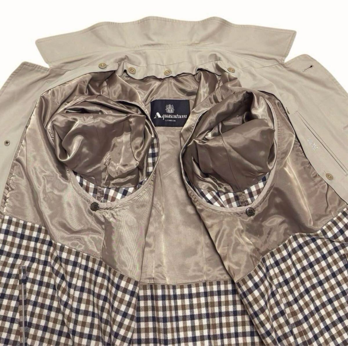 Aquascutum アクアスキュータム クラブチェック柄 カシミヤ混ライナー付き ステンカラーコート バルマカーン 日本製 大きいサイズXL〜相当_画像6