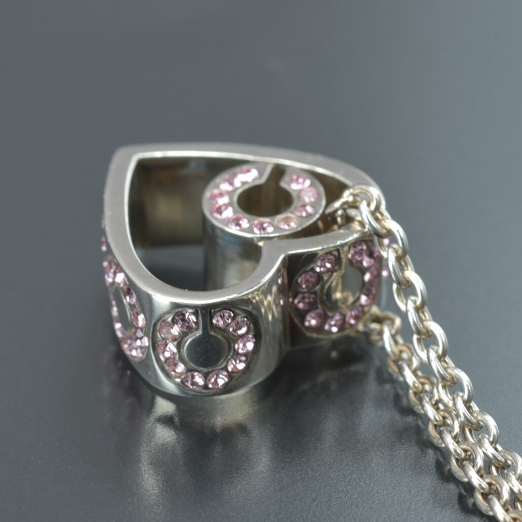 磨き済/美品 COACH コーチ ネックレス ハート SV ラインストーン ピンク シルバー Cロゴ アクセサリー ジュエリー #N※C665_画像8