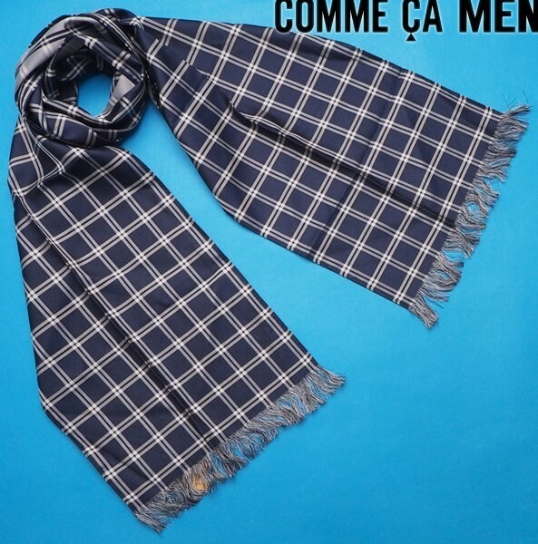 新品定価1万円 COMME CA MEN コムサメン 日本製 最高級 ストール 紺チェック(09) 57RK50_画像1