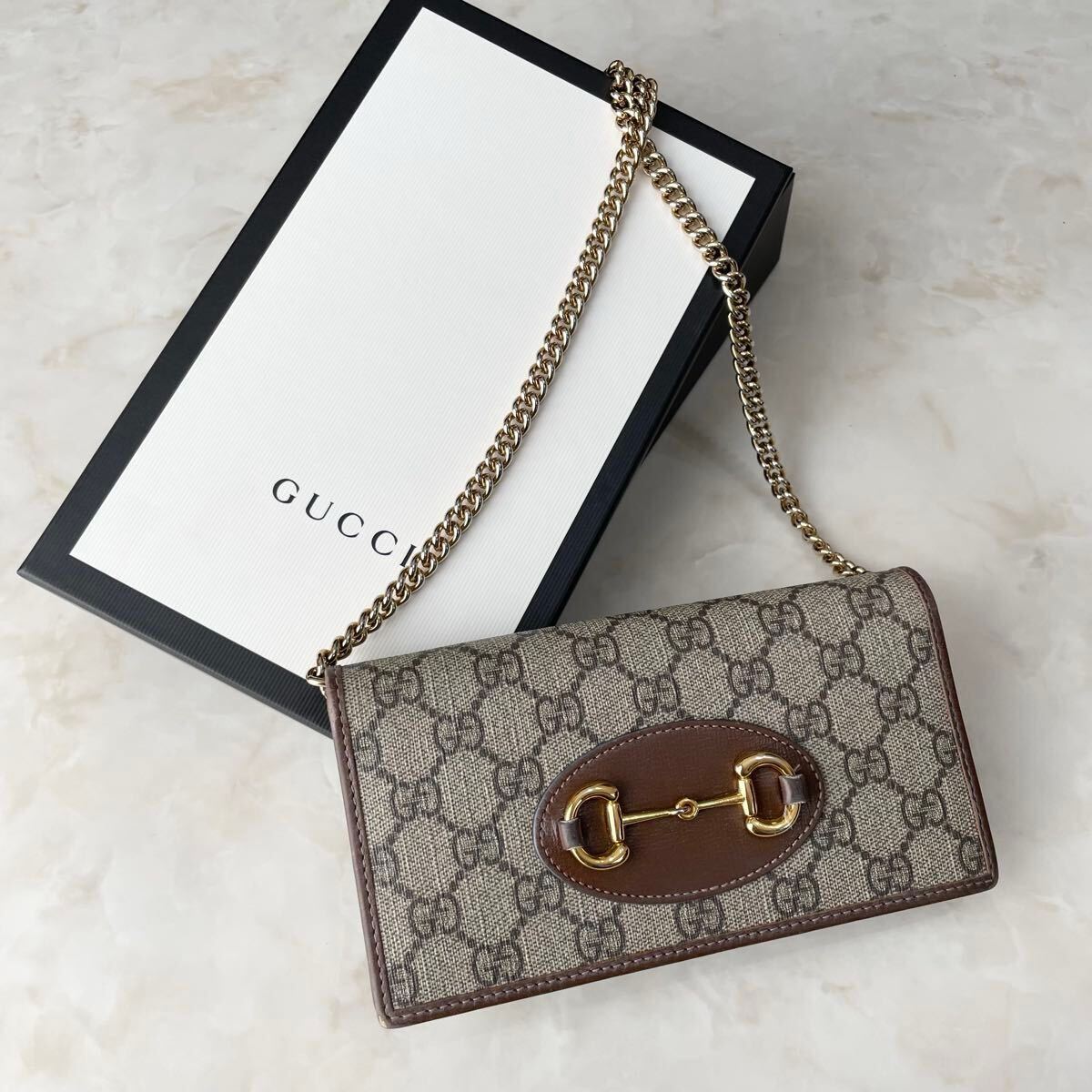 【箱付き】GUCCI グッチ チェーンウォレットバッグ ショルダー財布 ブラウン ホースビット GG柄 長財布 レザー PVC_画像1