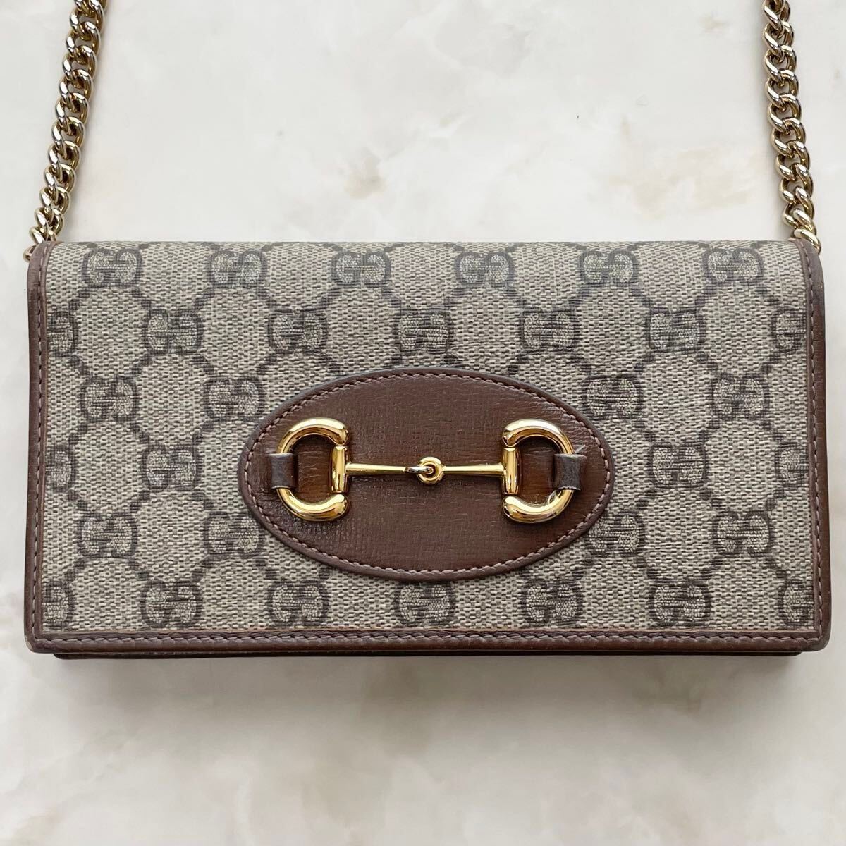 【箱付き】GUCCI グッチ チェーンウォレットバッグ ショルダー財布 ブラウン ホースビット GG柄 長財布 レザー PVC_画像3