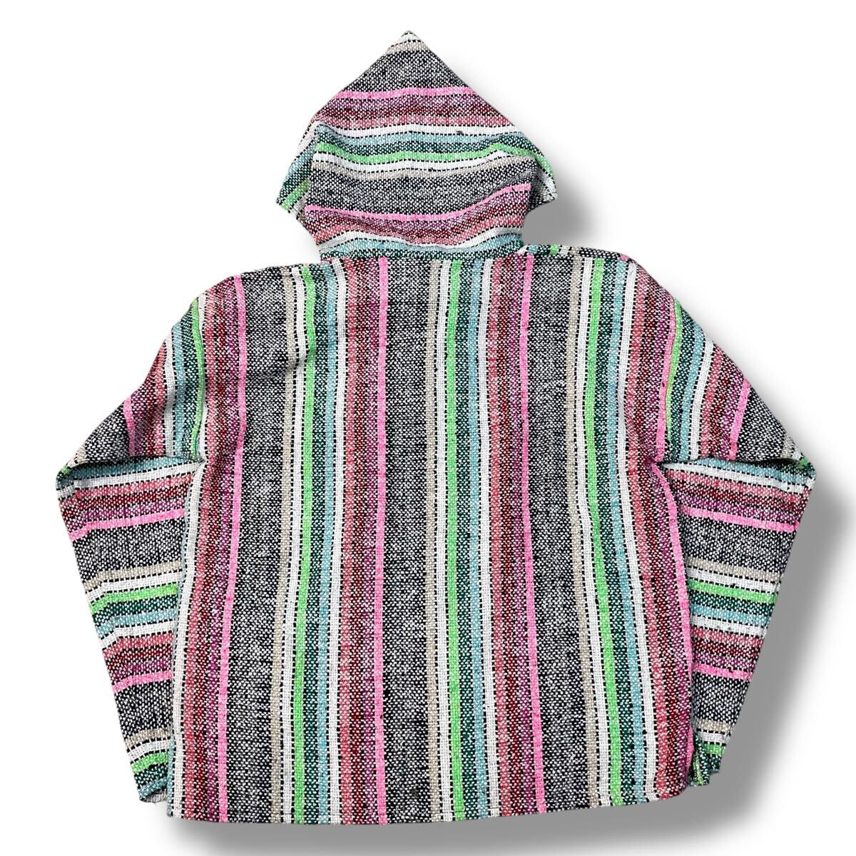 【ビンテージ】MOLINA メキシコ製 マルチカラー メキシカンパーカー バハシャツ 実寸M ヒッピー ストライプ プルオーバー フーディ 古着 #5_画像2