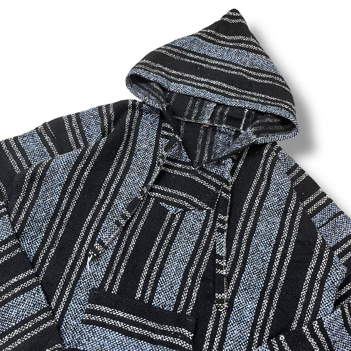 【ビンテージ】ストライプ柄 メキシカンパーカー バハシャツ XL アメカジ ヒッピー 民族 プルオーバー フーディ 60s 70s 90s 古着 #15_画像3