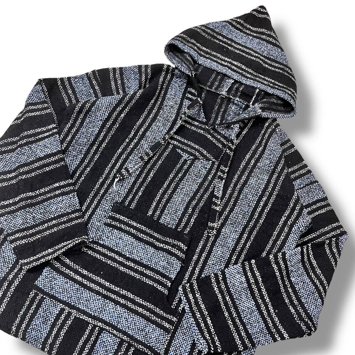 【ビンテージ】ストライプ柄 メキシカンパーカー バハシャツ XL アメカジ ヒッピー 民族 プルオーバー フーディ 60s 70s 90s 古着 #15_画像5
