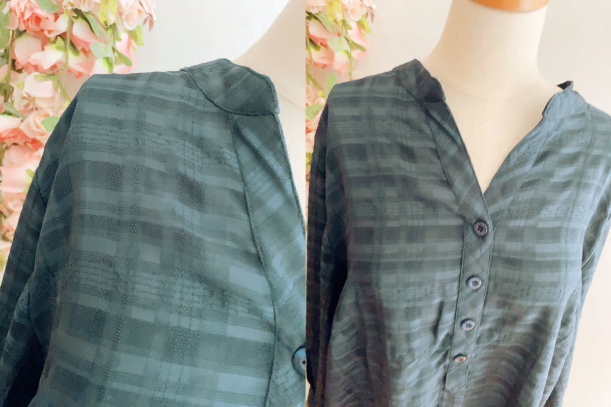 FG1162 ② ＊5L 大きいサイズ　ドビー素材　格子柄　シャツブラウス　ネイビー_画像2